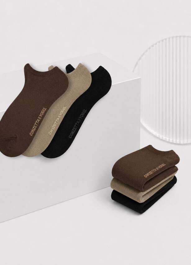 Erkek  Kahverengi-Bej-Siyah  Sneaker Çorap - 3'lü Set