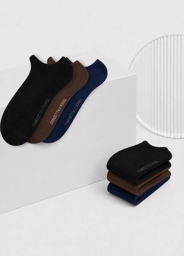 Erkek Siyah-Kahverengi-Lacivert Sneaker Çorap - 3'lü Set